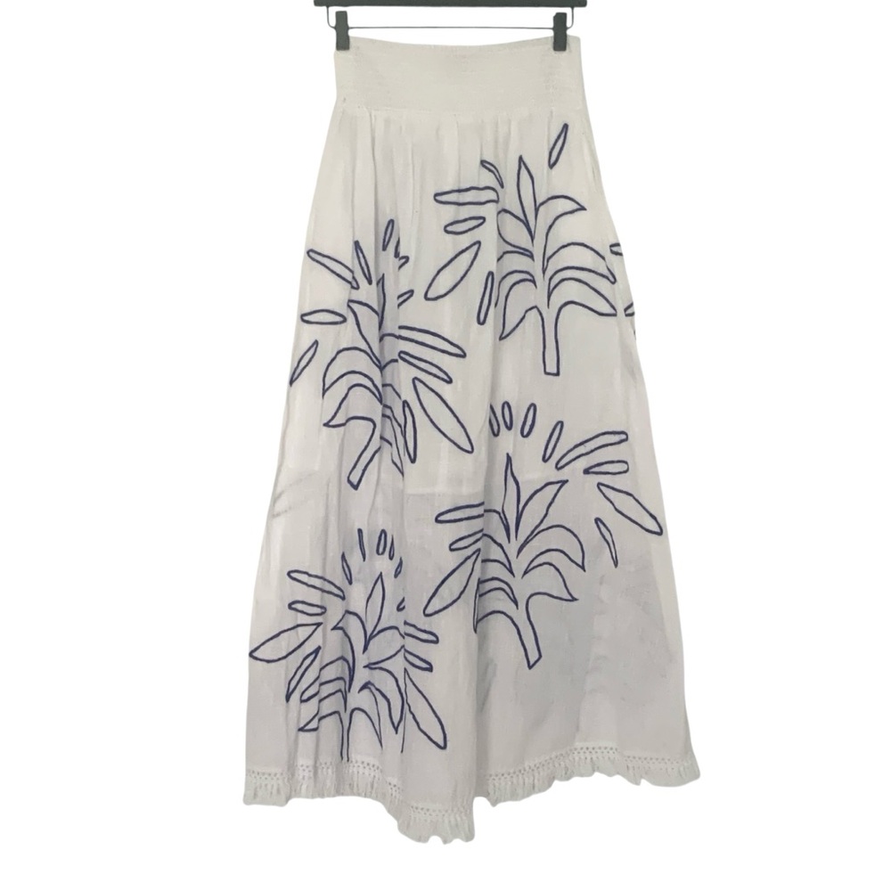 Ciebon XS White & Blue Embroidered Pull On Fringe Hem Maxi Skirt Resort Vacation